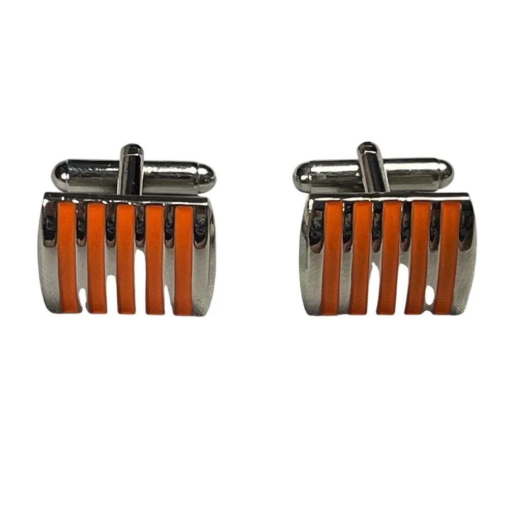 Silver Tone Orange Enamel Striped Rectangular Bullet Back Cufflinks Mens